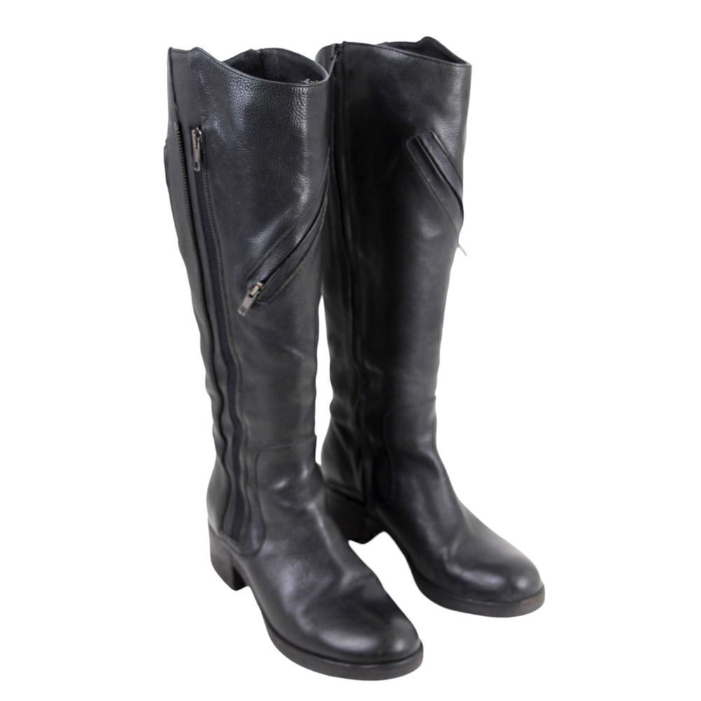 Vera Wang BLACK GENUINE LEATHER TALL MID HEEL RIDING BOOTS MOTO SHOES SIZE 8M